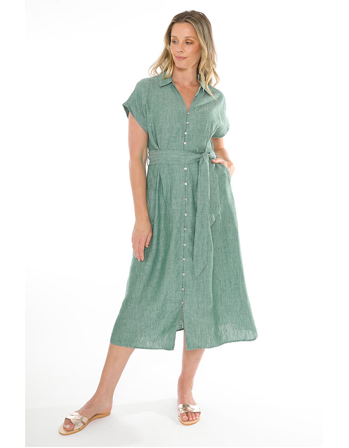 Short Sleeve Belted Linen Dress in Honeydew