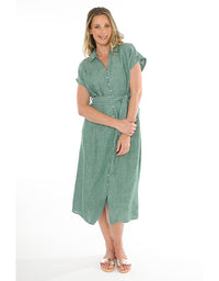 Short Sleeve Belted Linen Dress in Honeydew