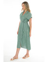 Short Sleeve Belted Linen Dress in Honeydew