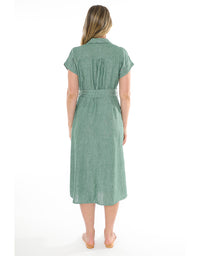 Short Sleeve Belted Linen Dress in Honeydew