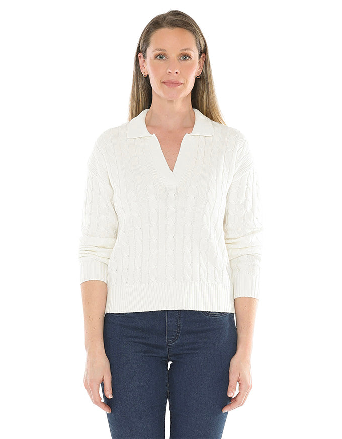 Collared Cable Pullover Pearl