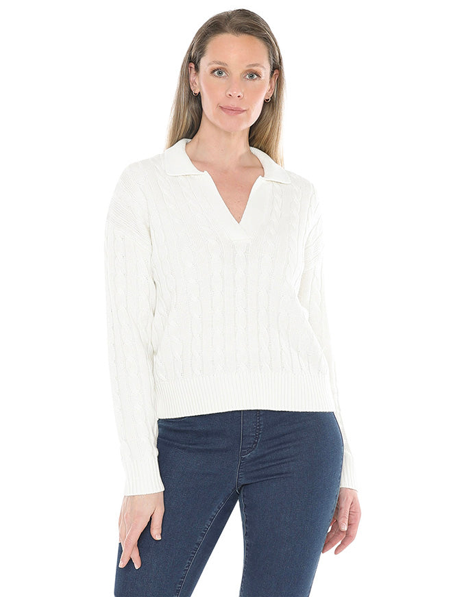 Collared Cable Pullover Pearl