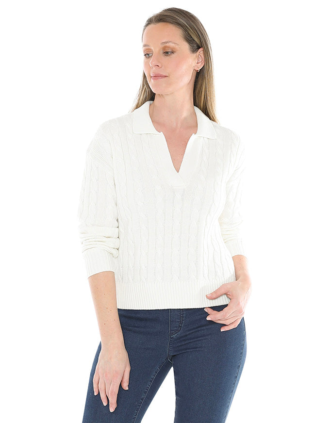 Collared Cable Pullover Pearl