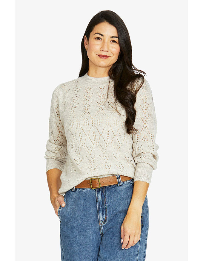 Pointelle scallop pullover in pearl with textured knit pattern and crew neckline