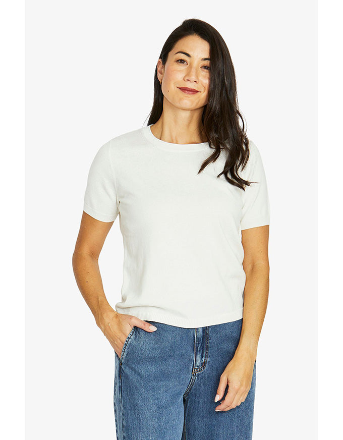 Knit short sleeve top in vanilla with crew neckline and soft wool cotton blend