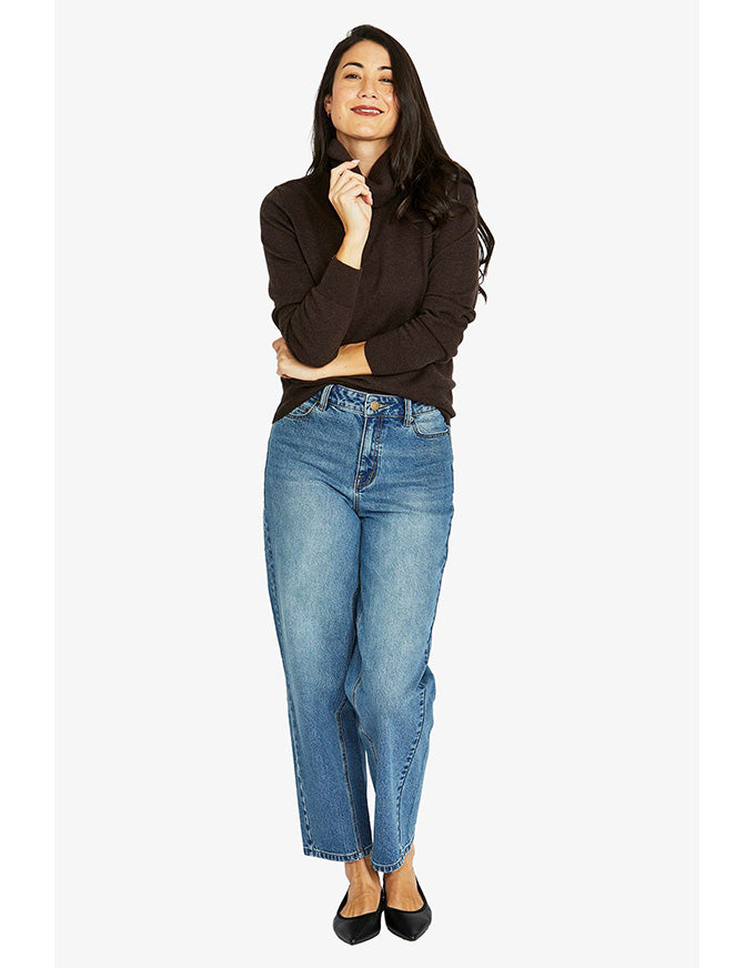 Raglan cowl neck pullover in dark chocolate marle with long sleeves and relaxed fit