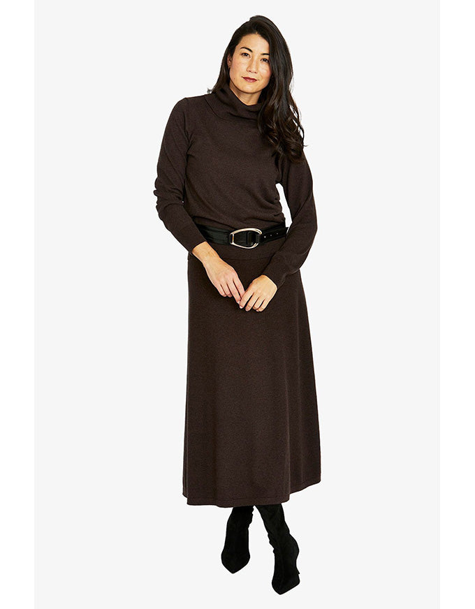 Raglan cowl neck pullover in dark chocolate marle with long sleeves and relaxed fit