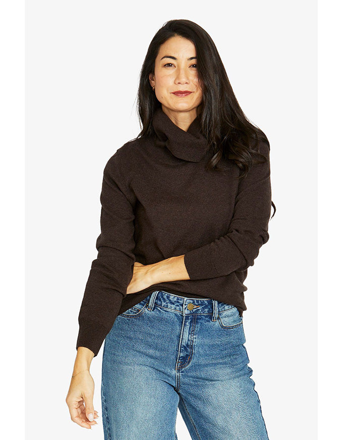 Raglan cowl neck pullover in dark chocolate marle with long sleeves and relaxed fit