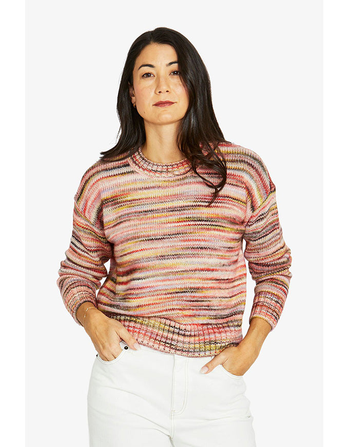 Colour mix pullover in coral mix with multicolour knit and crew neckline