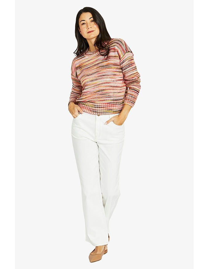 Colour mix pullover in coral mix with multicolour knit and crew neckline