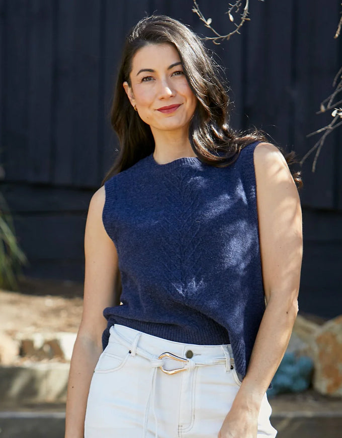 Reverse jersey vest in indigo with sleeveless design and crew neckline