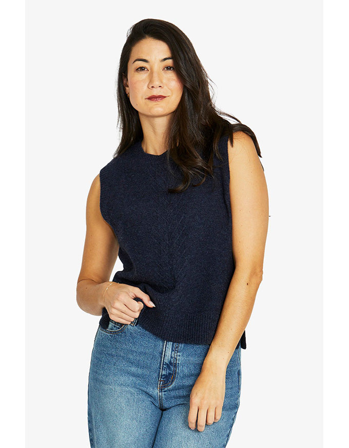 Reverse jersey vest in indigo with sleeveless design and crew neckline