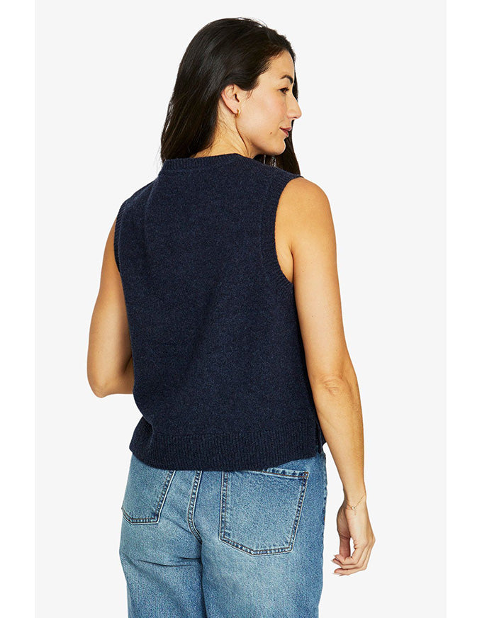 Reverse jersey vest in indigo with sleeveless design and crew neckline