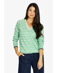Duo stripe V-neck pullover in green and grey with horizontal stripes and relaxed fit