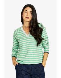 Duo stripe V-neck pullover in green and grey with horizontal stripes and relaxed fit