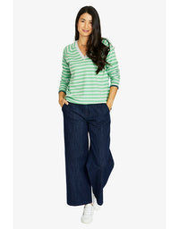 Duo stripe V-neck pullover in green and grey with horizontal stripes and relaxed fit