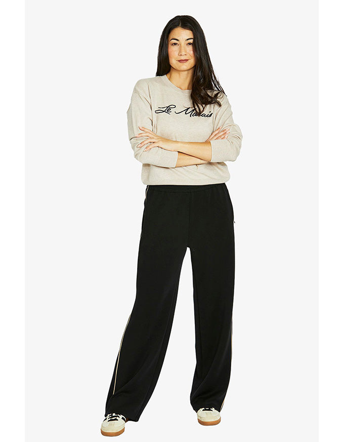Le Marais pullover in oatmeal with black script logo and crew neckline