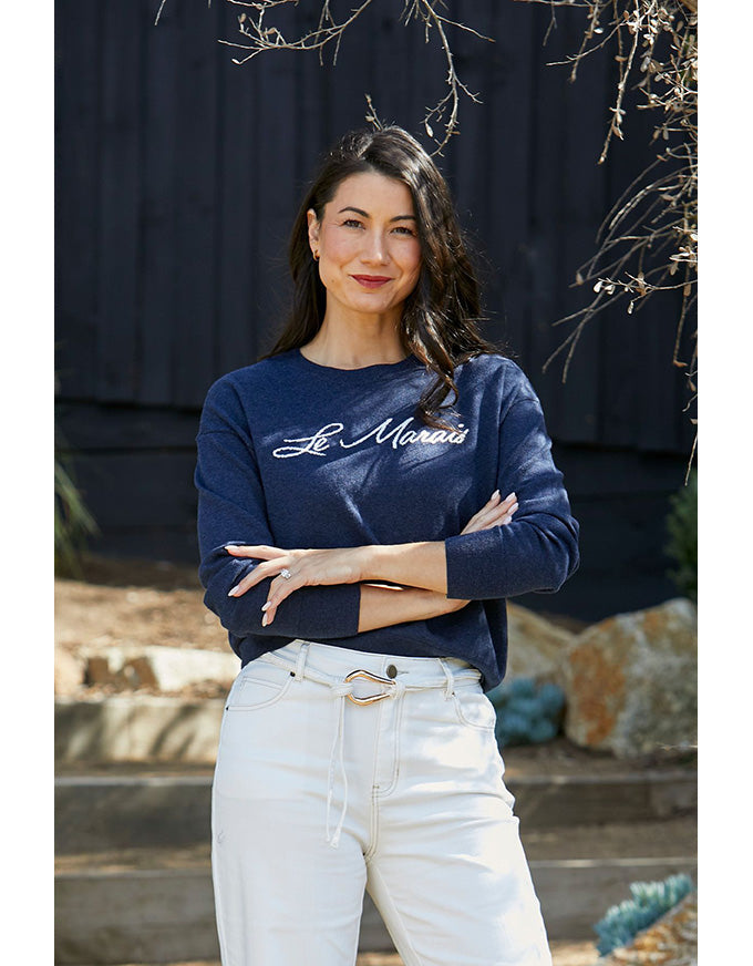 Le Marais pullover in midnight with vanilla script logo and crew neckline