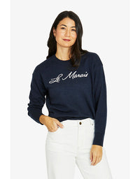 Le Marais pullover in midnight with vanilla script logo and crew neckline