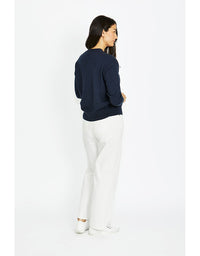 Le Marais pullover in midnight with vanilla script logo and crew neckline