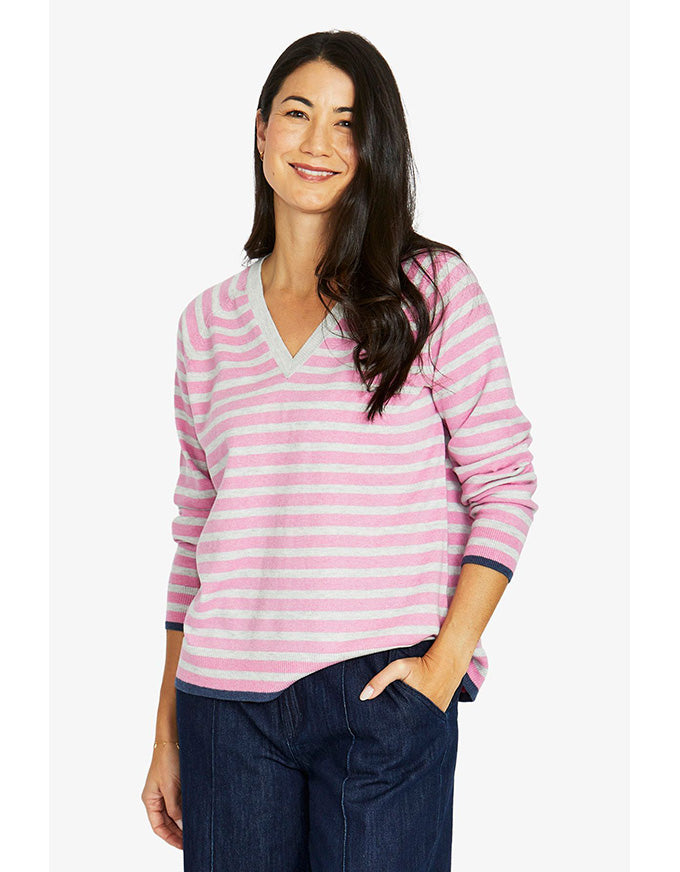 Duo stripe V-neck pullover in rose and grey with horizontal stripes and relaxed fit