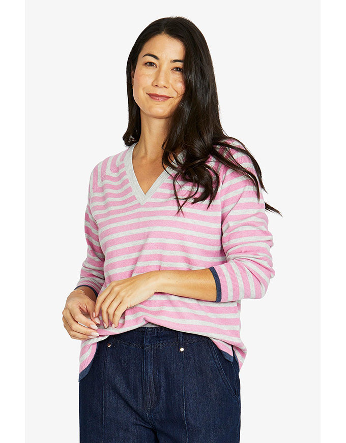 Duo stripe V-neck pullover in rose and grey with horizontal stripes and relaxed fit