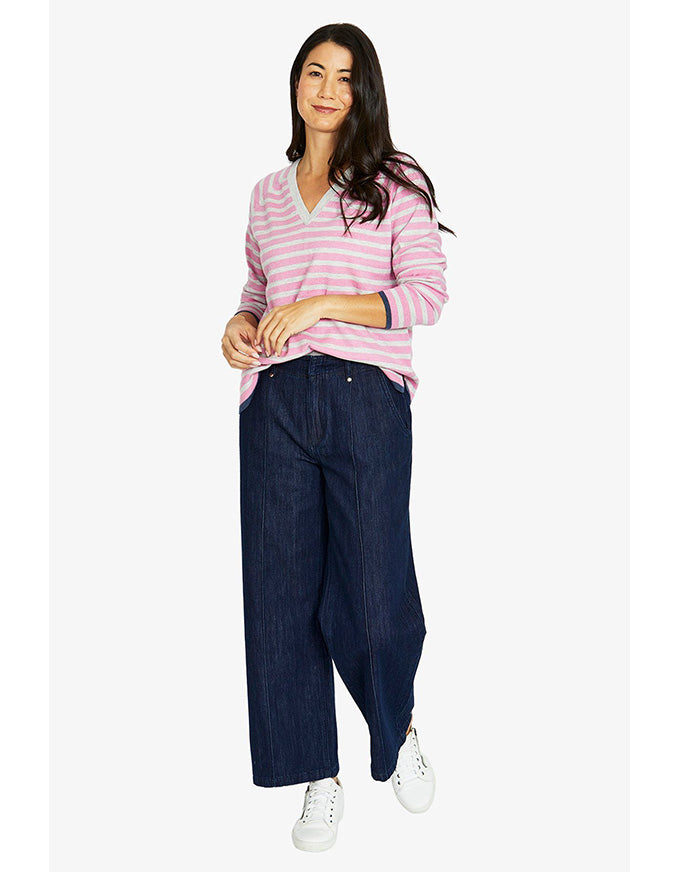 Duo stripe V-neck pullover in rose and grey with horizontal stripes and relaxed fit