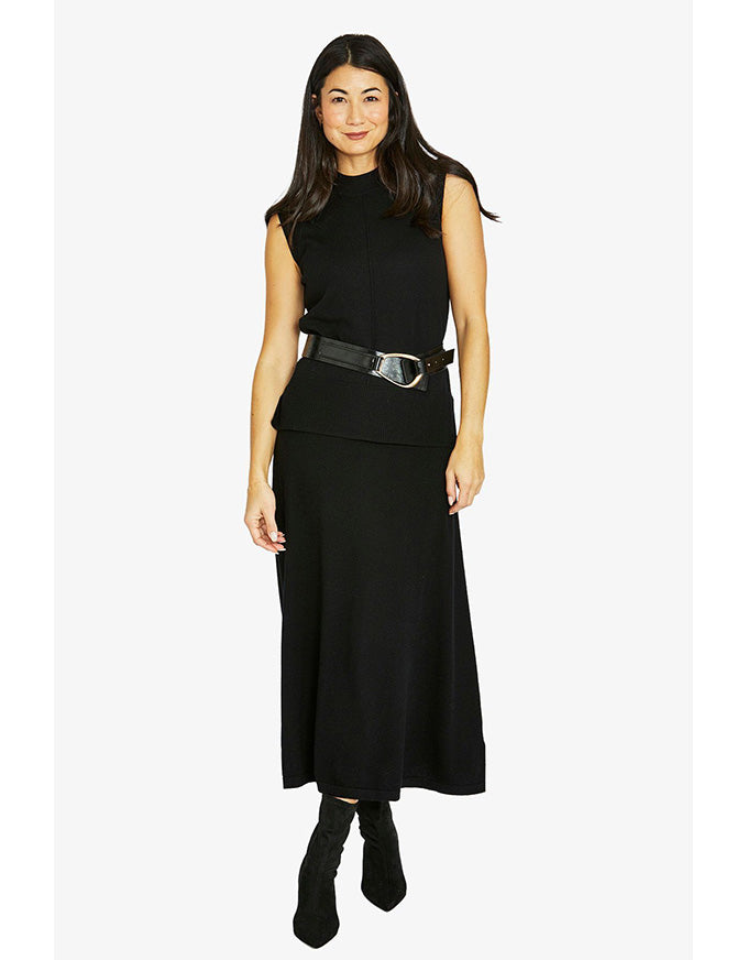 A-line skirt in black with midi length and clean silhouette