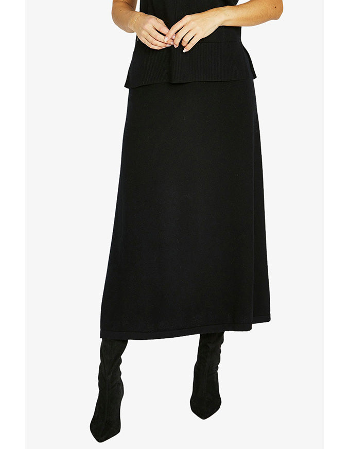A-line skirt in black with midi length and clean silhouette