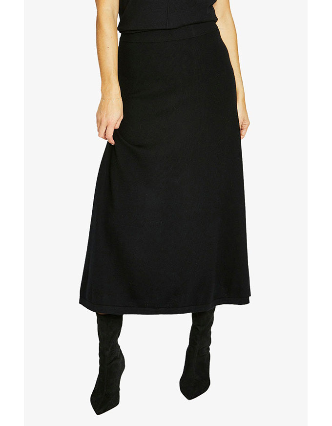 A-line skirt in black with midi length and clean silhouette