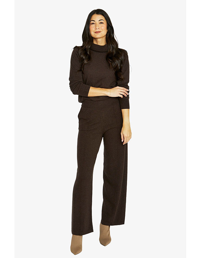 Seam detail pant in dark chocolate with wide leg and front seam detail