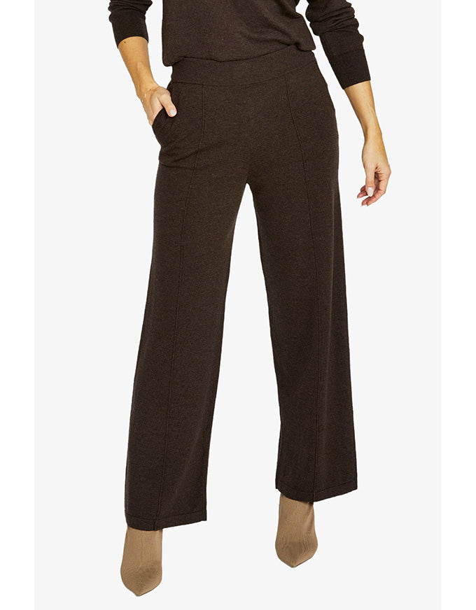 Seam detail pant in dark chocolate with wide leg and front seam detail