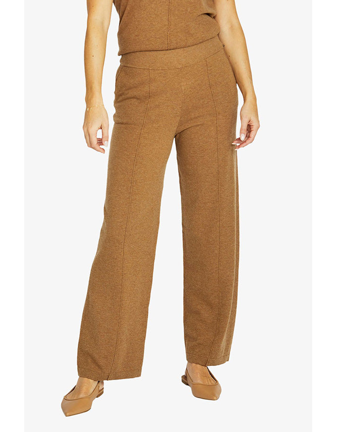 Seam detail pant in hazel marle with wide leg and front seam detail