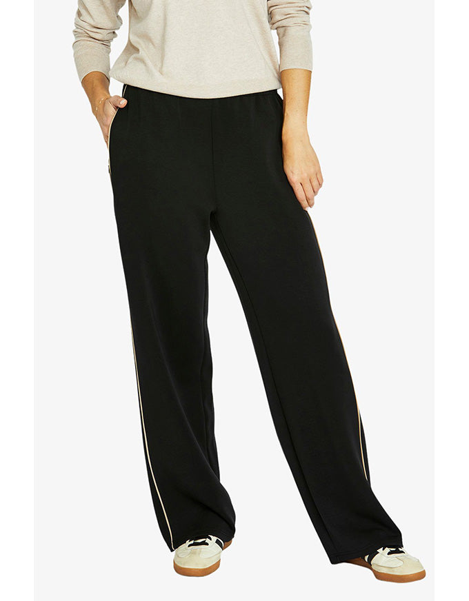 Side stripe lounge pant in black with contrast side stripe and relaxed wide leg