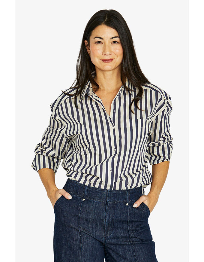 Ribbon stripe shirt in ink and barley with vertical stripes, button front and collar
