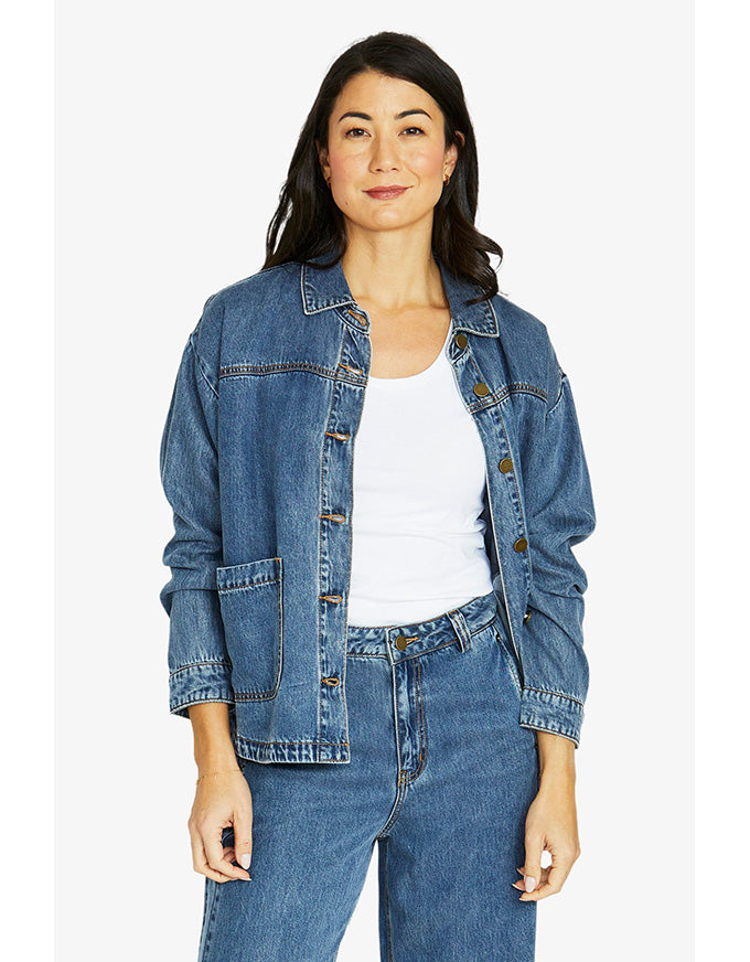 Soft denim jacket in mid blue with button front, collar and patch pockets