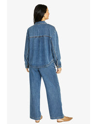 Soft denim jacket in mid blue with button front, collar and patch pockets