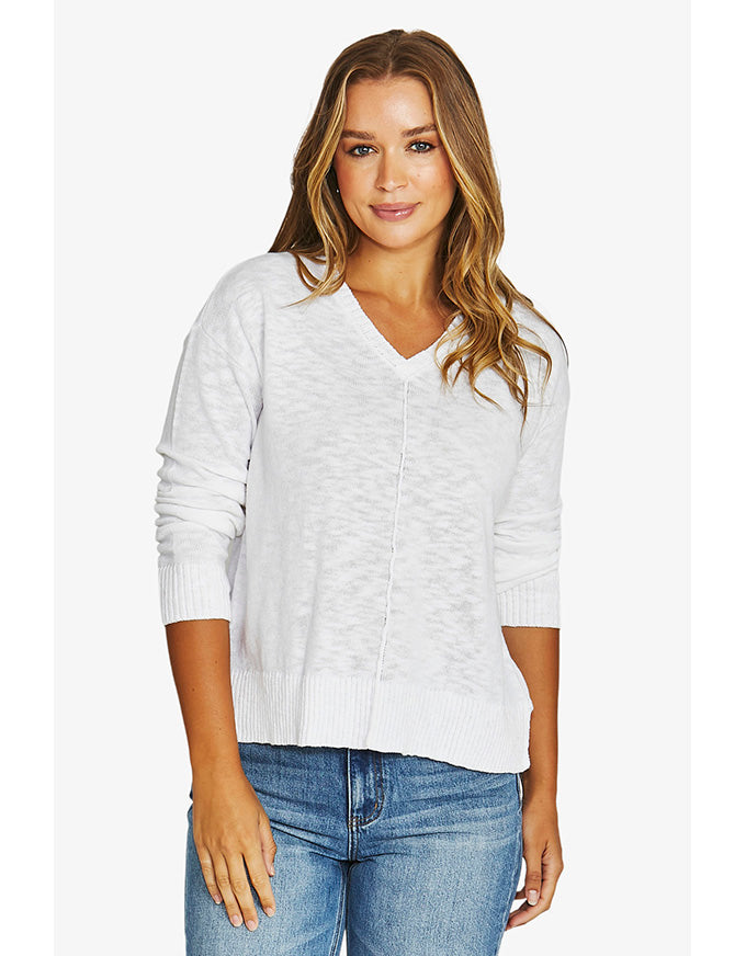 V Neck Slub Pullover - White