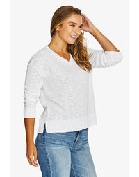 V Neck Slub Pullover - White