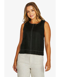 Tack Stitch Linen Top Black
