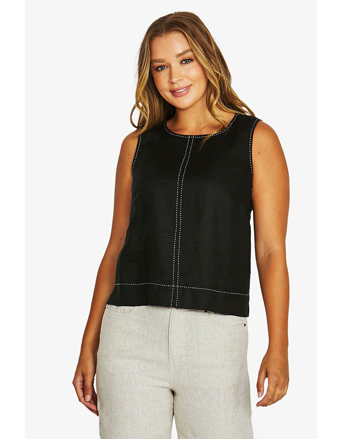 Tack Stitch Linen Top Black