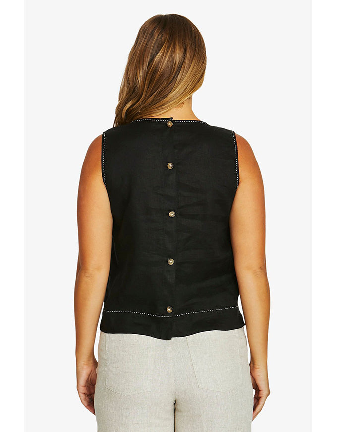 Tack Stitch Linen Top Black
