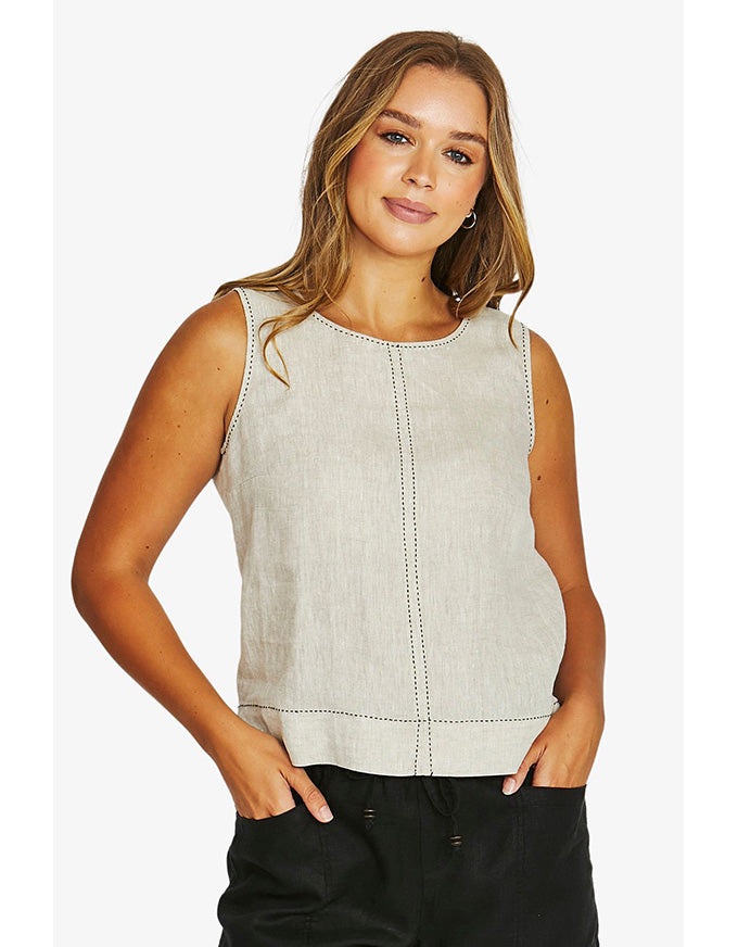 Tack Stitch Linen Top Natural Flax