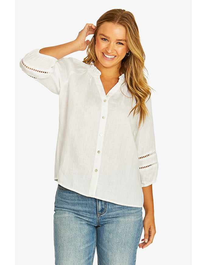 Trim Detail Linen Top White