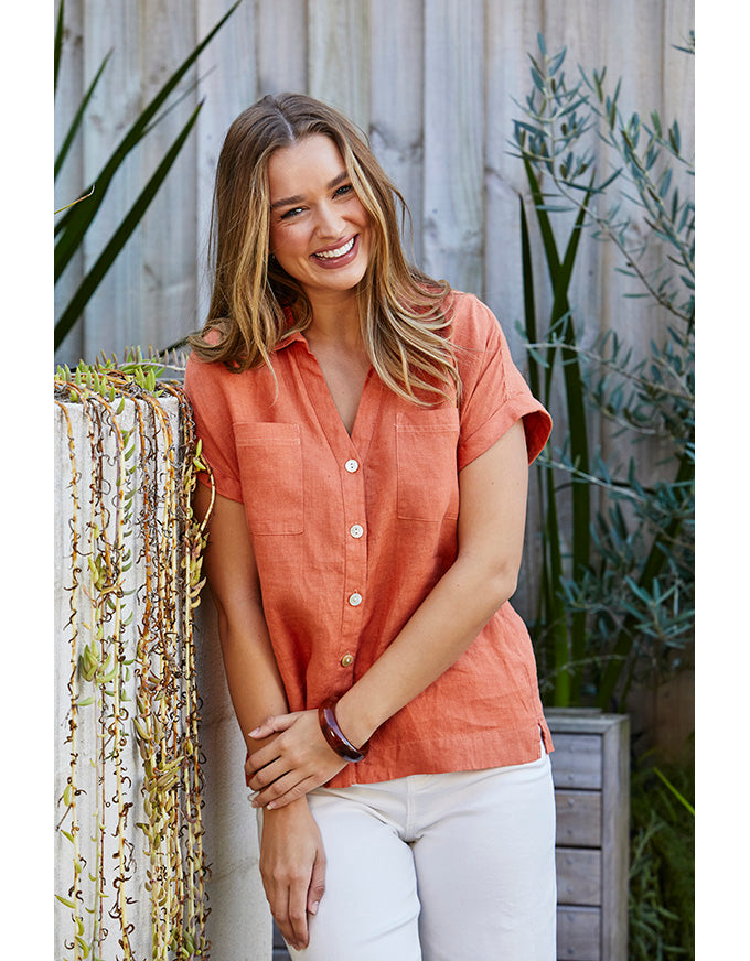 Open Neck Short Sleeve Shirt - Amber
