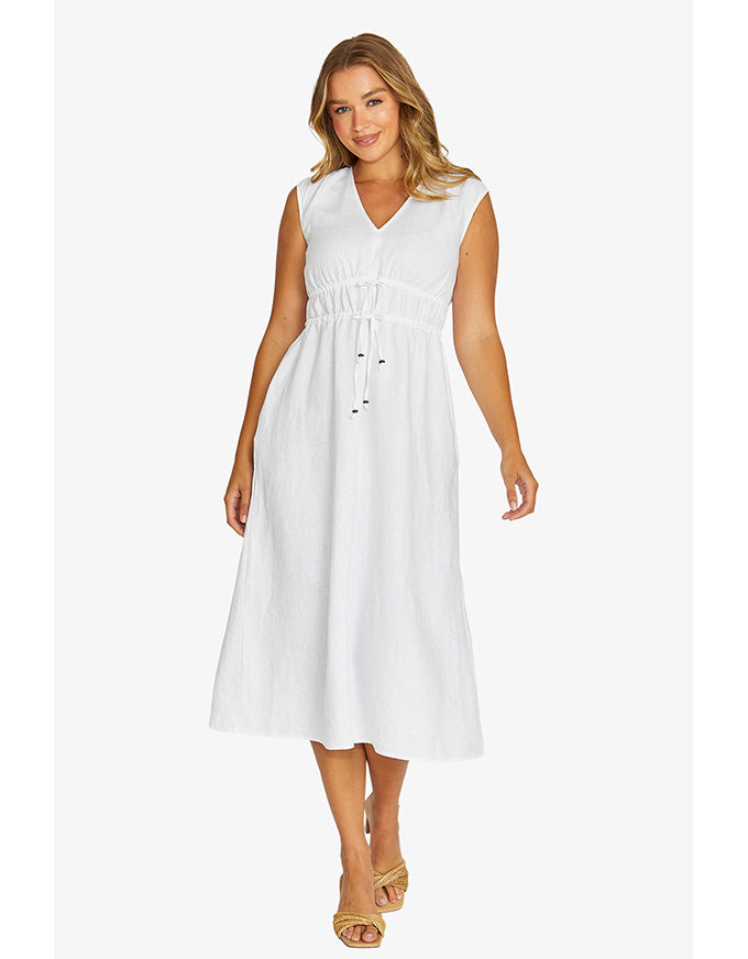 Twin Drawstring Linen Dress White