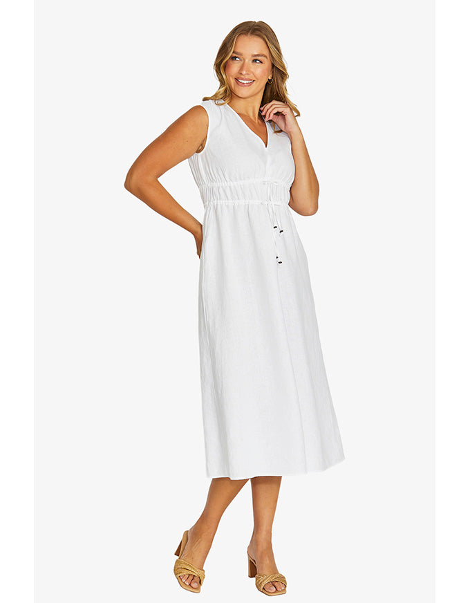 Twin Drawstring Linen Dress White
