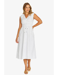 Twin Drawstring Linen Dress White