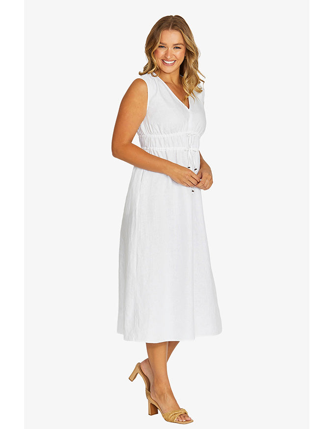 Twin Drawstring Linen Dress White
