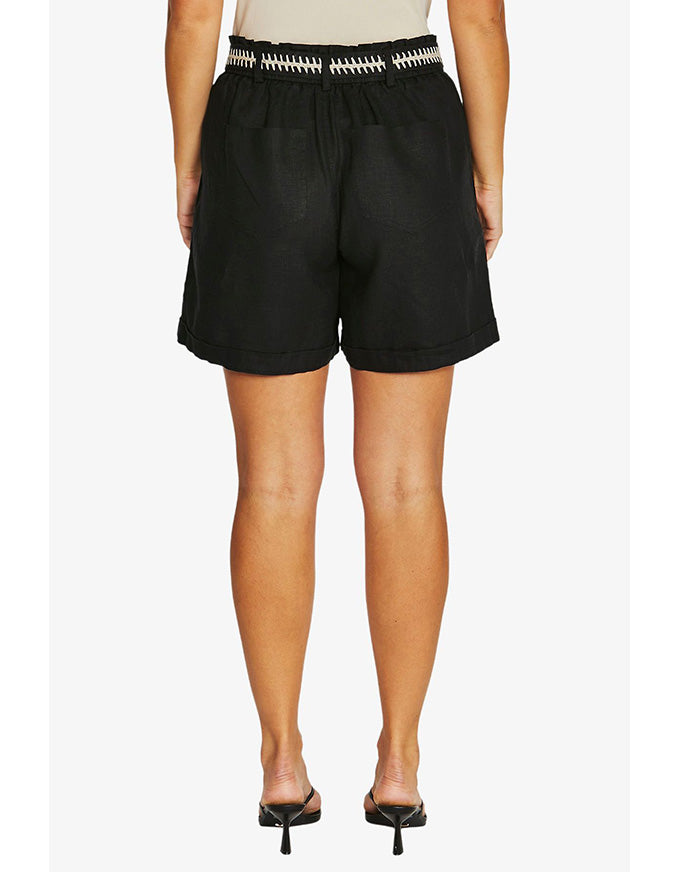 Contrast Stitch Linen Short Black